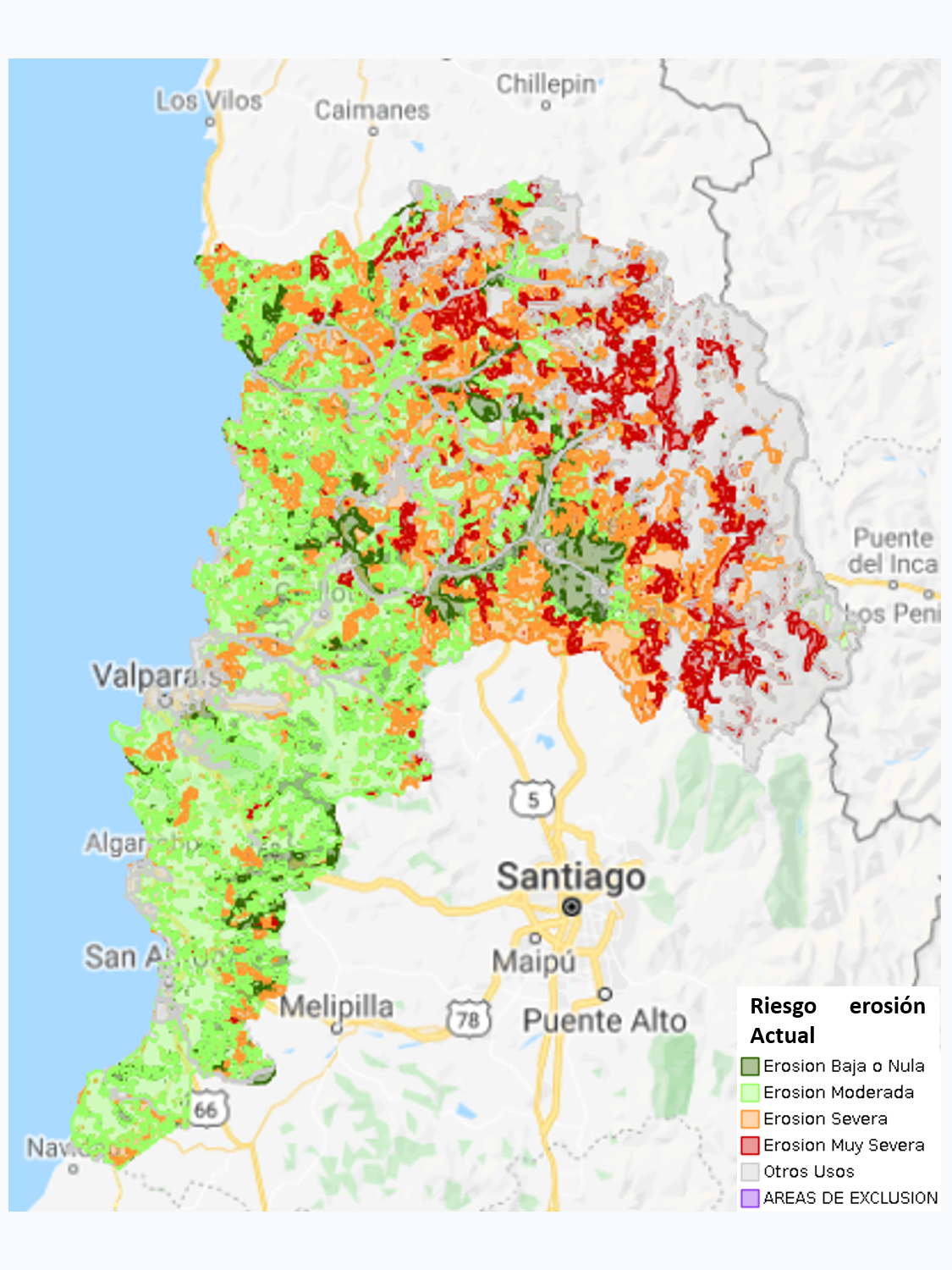 Riesgo de Erosión Actual de la Región de Valparaíso - 2010